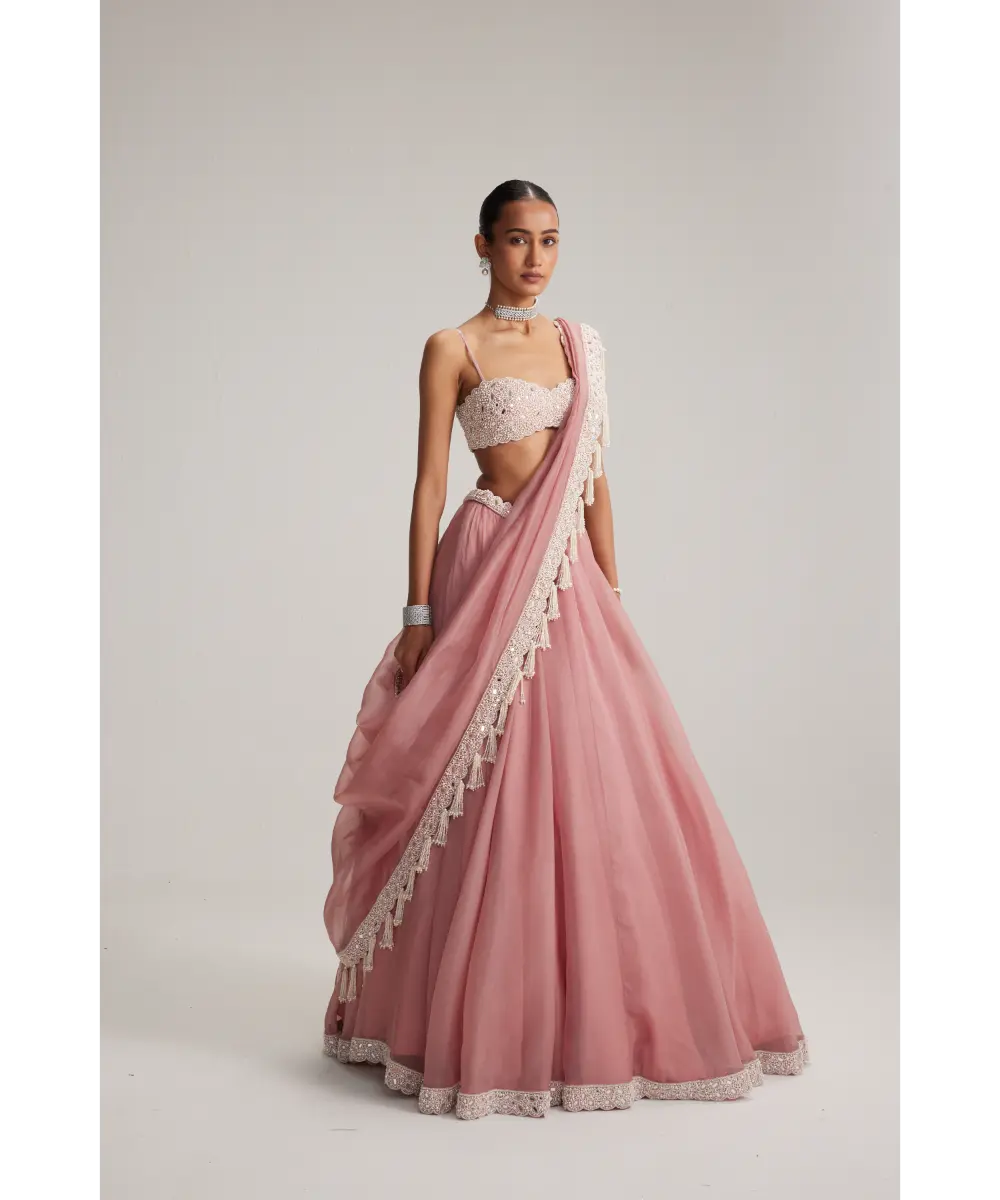 VVANI VATS- Dusty Rose Organza mirror and pearl lehenga set